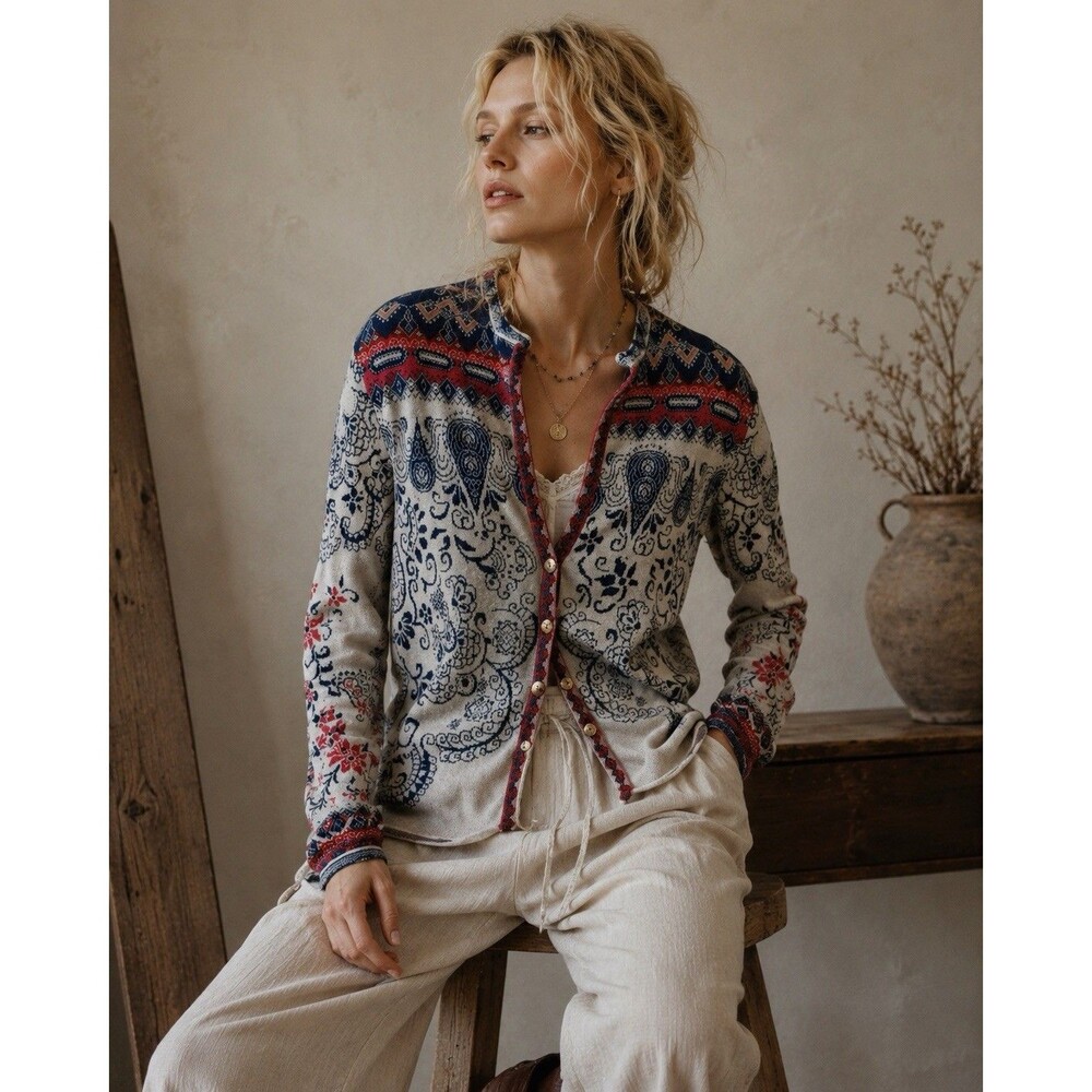 IVKO Jacquard Cardigan Jacket EU 42 Cotton Paisley Floral Boho Serbia Folk Knit
